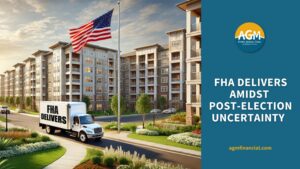 multifamily apartment complex with american flag and FHA Delivers truck